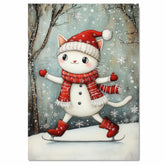 Christmas Wall Art Featuring White Cat in Snowman Outfit Ice Skating Adorable and Whimsical Holiday Print for Cat Lovers and Cozy Winter Home Décor on Ready to Hang 1.5" Thick Canvas Wrap, Floating Framed Canvas, Flat Rolled Canvas
